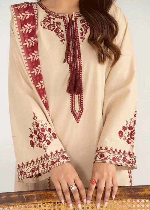 Lawn Farshi Shalwar Suit - Beige - 3 Piece - Chiffon dupatta