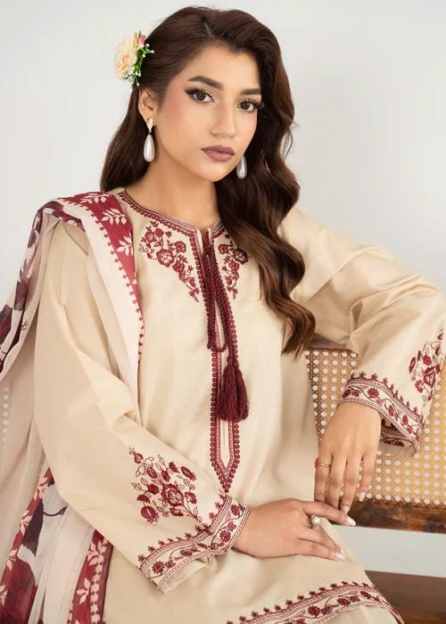 Lawn Farshi Shalwar Suit - Beige - 3 Piece - Chiffon dupatta