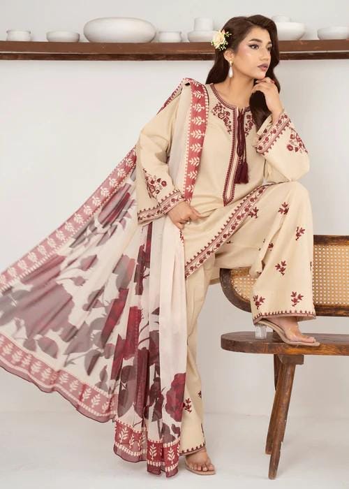 Lawn Farshi Shalwar Suit - Beige - 3 Piece - Chiffon dupatta
