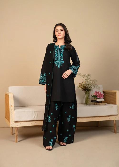3 piece - Embroidered Farshi Shalwar Suit - Chiffon dupatta