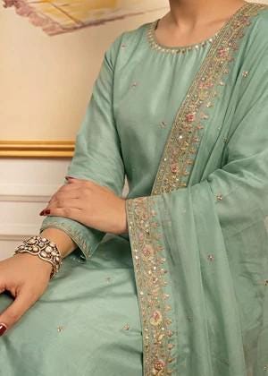 Embroidered Luxurious Silk Suit with Chiffon Dupatta - Moss Green