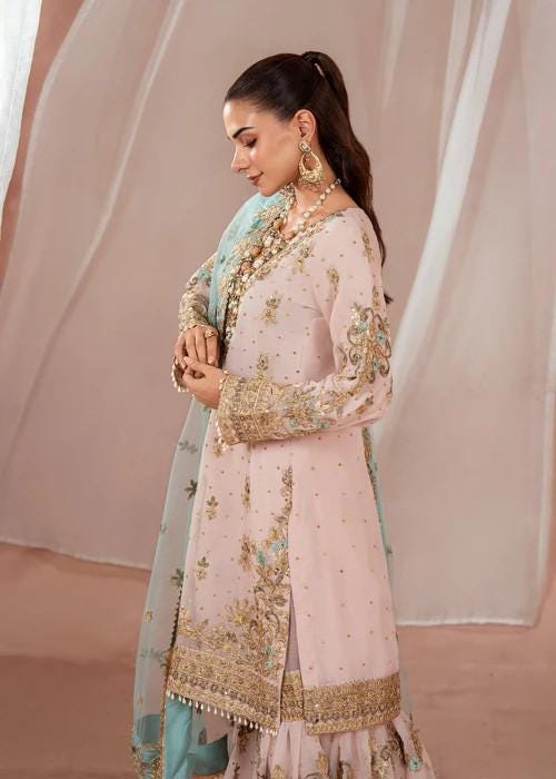 3 Piece Chiffon Gharara - Blush Pink