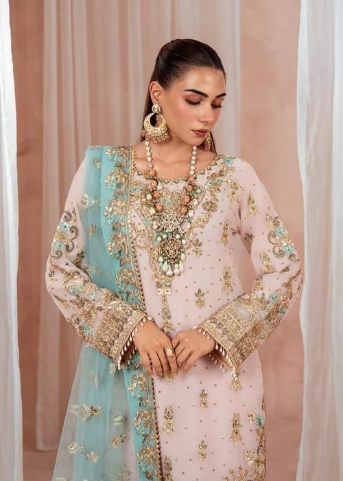 3 Piece Chiffon Gharara - Blush Pink