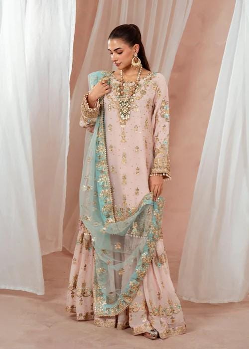 3 Piece Chiffon Gharara - Blush Pink