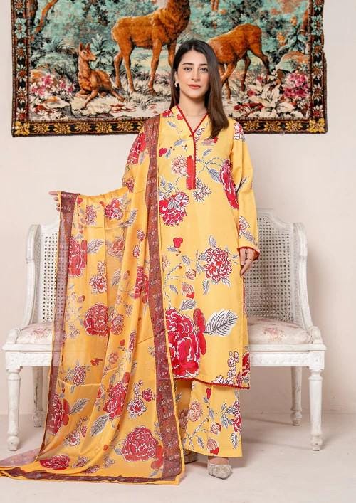 3 Piece Arabic Silk Lawn Suit with Chiffon Dupatta