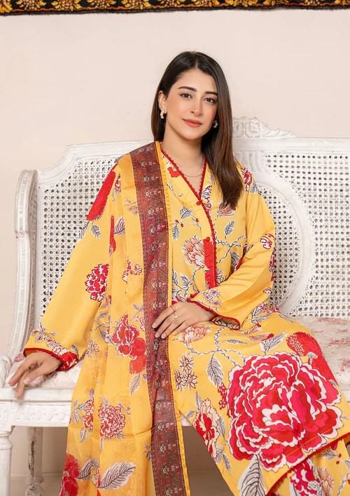 3 Piece Arabic Silk Lawn Suit with Chiffon Dupatta