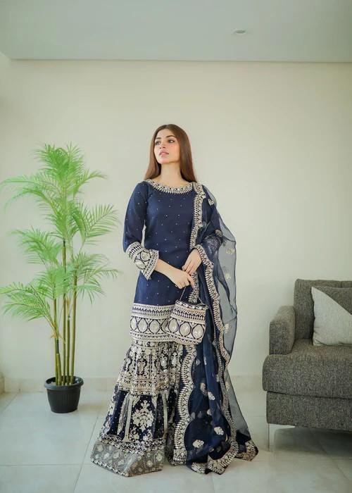 4 Piece Embroidered Chiffon Gharara with Potli Bag - Dark Blue