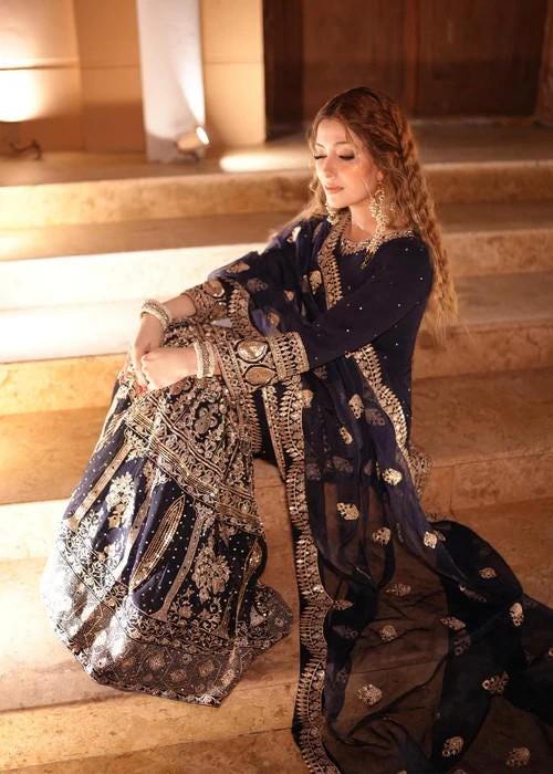 4 Piece Embroidered Chiffon Gharara with Potli Bag - Dark Blue