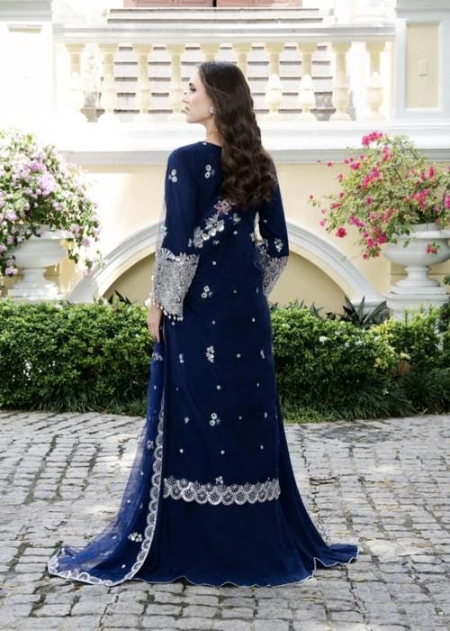 3 Piece Embroidered Long Kurta with Lehenga Suit - Navy Blue