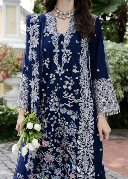 3 Piece Embroidered Long Kurta with Lehenga Suit - Navy Blue