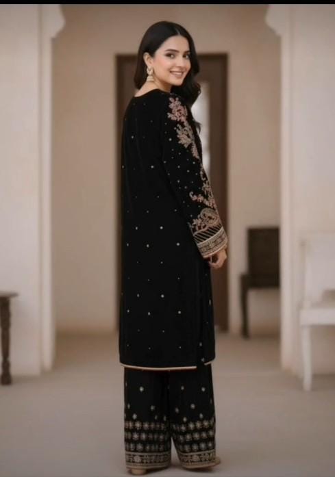 Embroidered Black Velvet Suit with Palazzo Pants - 3 Piece