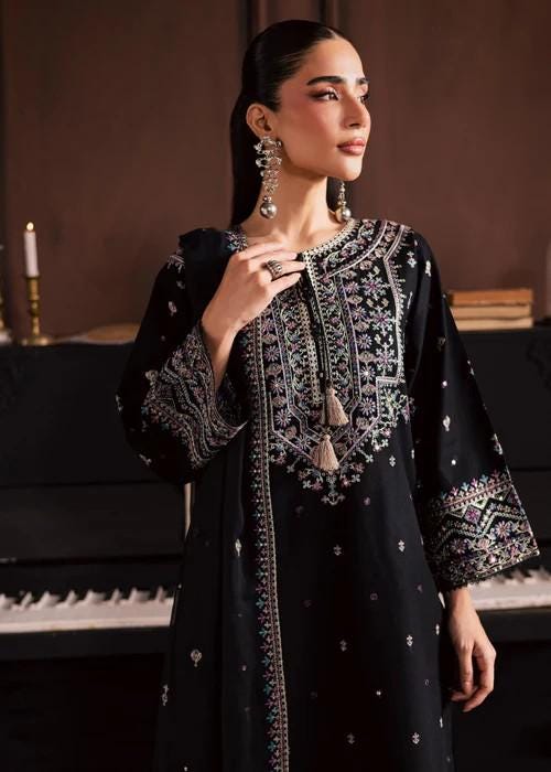 3 piece - Embroidered Linen Suit with Chiffon Dupatta