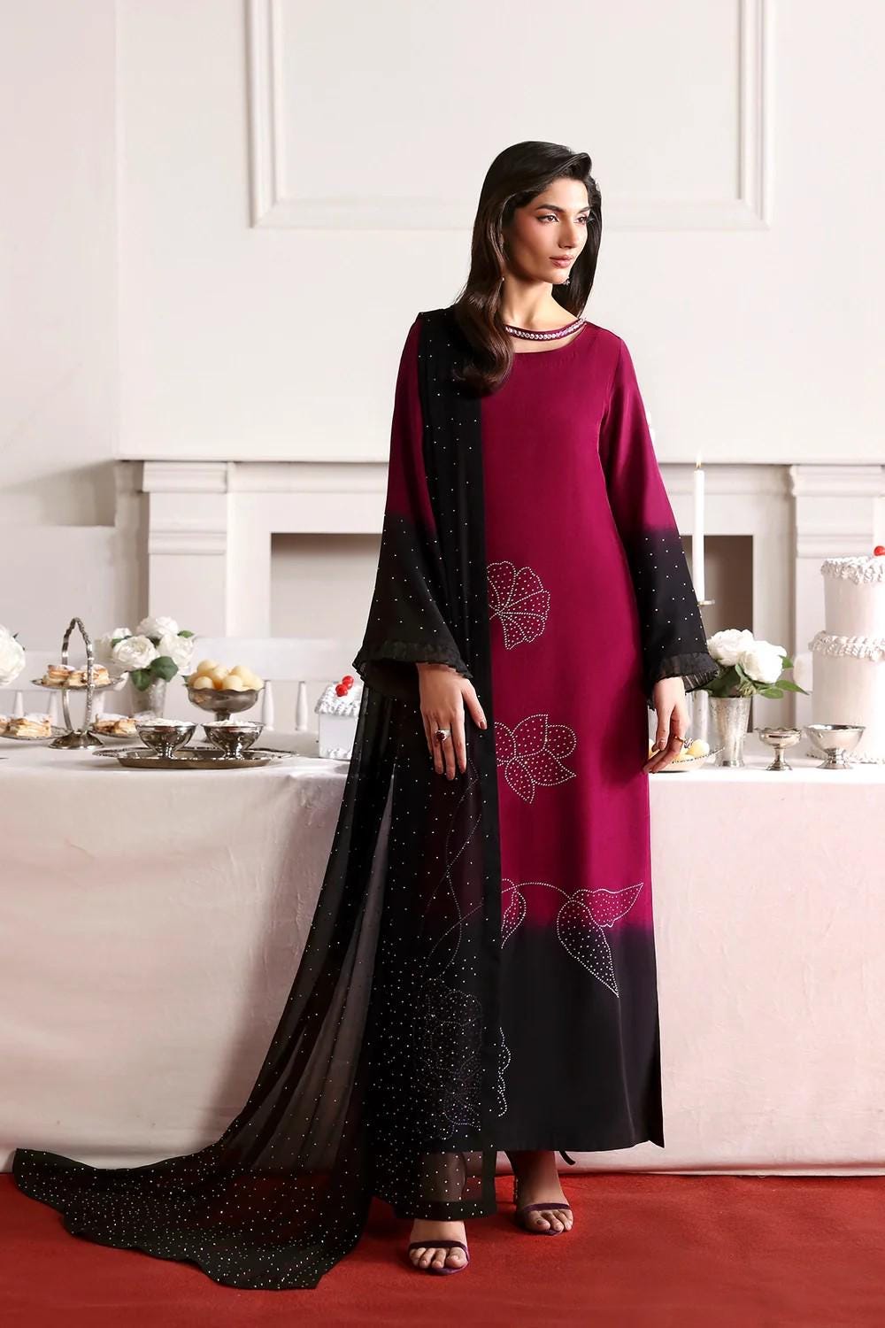 3 Piece Two Tone Silk Long Kurta Suit with Chiffon Dupatta