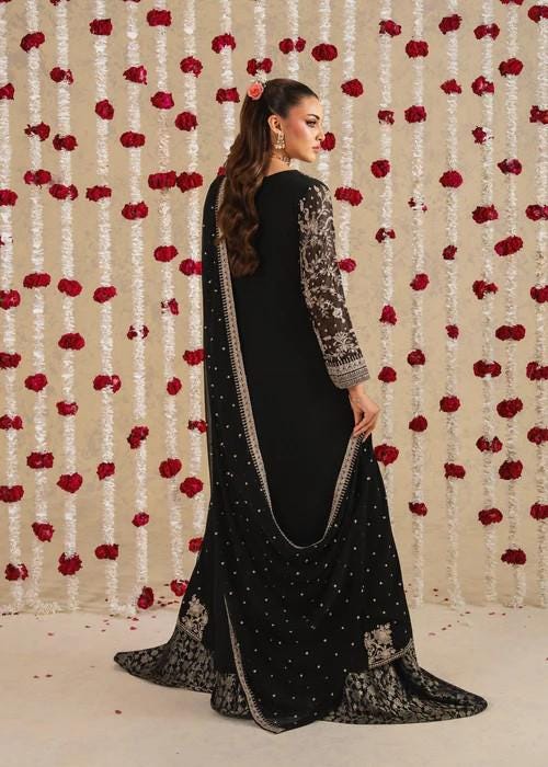 3 Piece Embroidered Chiffon Pishwas in Black