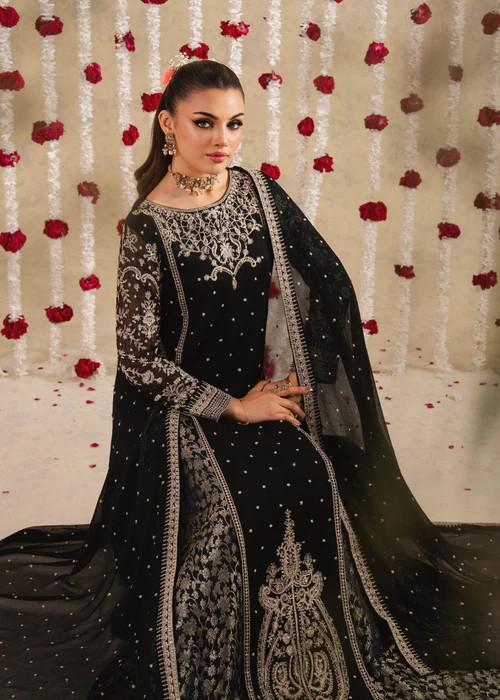 3 Piece Embroidered Chiffon Pishwas in Black