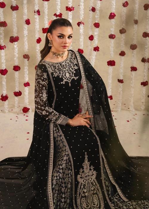 3 Piece Embroidered Chiffon Pishwas in Black