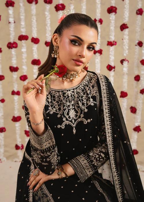 3 Piece Embroidered Chiffon Pishwas in Black