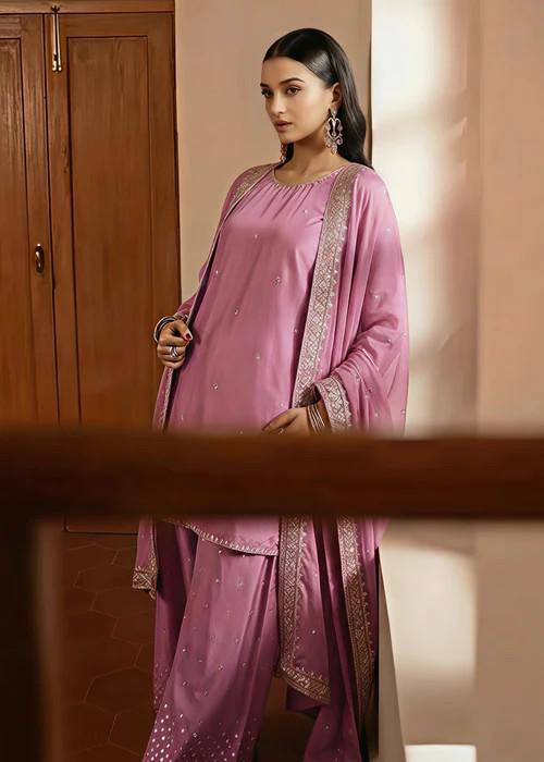 Embroidered Luxurious Silk Suit with Chiffon Dupatta - Zinnia Pink
