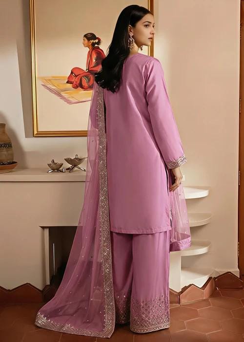 Embroidered Luxurious Silk Suit with Chiffon Dupatta - Zinnia Pink