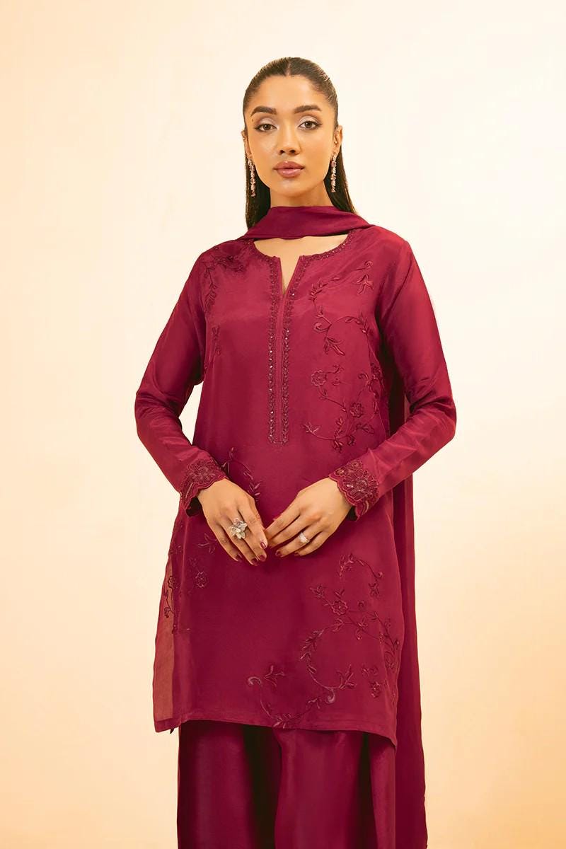 3 piece - Designer Brand Farshi Embroidered Shalwar Suit -  Tassel Silk Top, Bottom & Dupatta