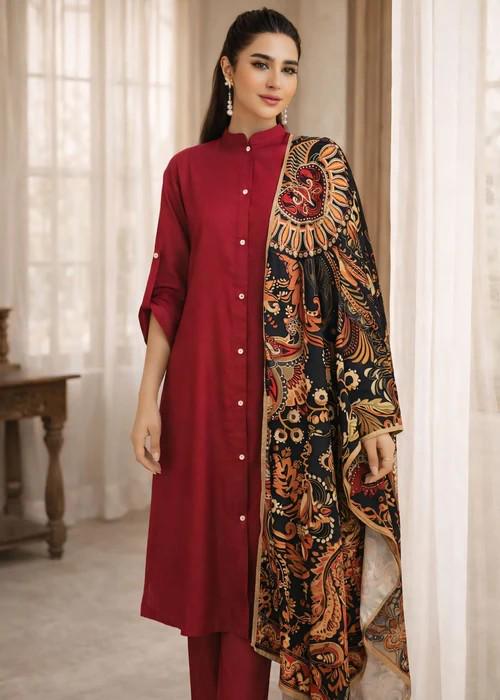 3 Piece Maroon Cotton-Blend Dhanak Suit - Herringbone Dupatta