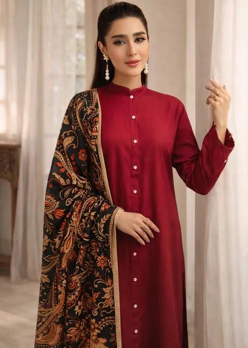 3 Piece Maroon Cotton-Blend Dhanak Suit - Herringbone Dupatta