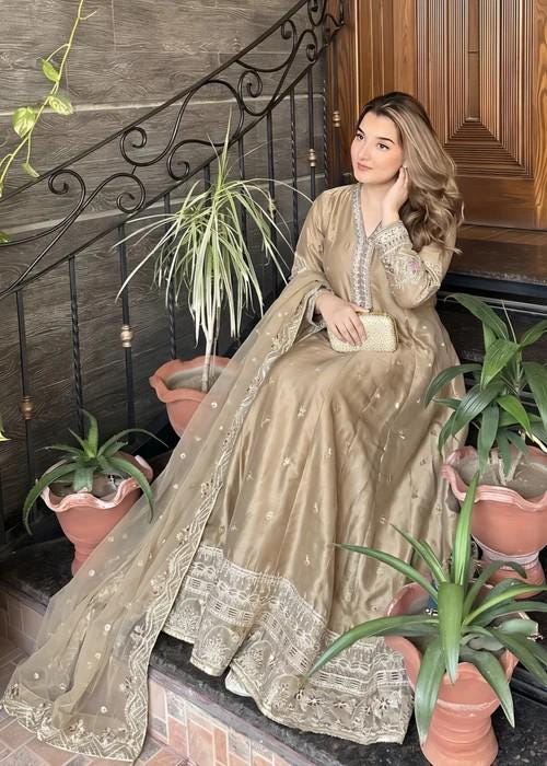 3 Piece Embroidered Silk Maxi Dress - Tan Brown