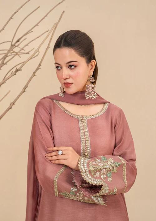 Viscose Raw Silk Sharara Suit - Tea Pink