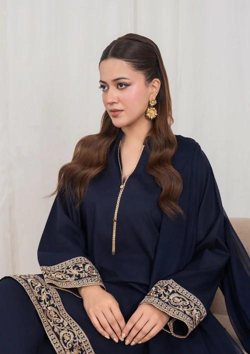 Tilla Embroidered Lawn Kurta Farshi Shalwar Suit - Navy Blue - Chiffon Dupatta