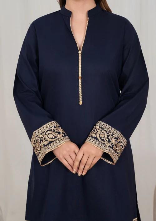 Tilla Embroidered Lawn Kurta Farshi Shalwar Suit - Navy Blue - Chiffon Dupatta