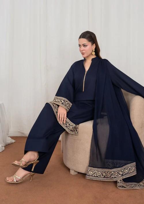 Tilla Embroidered Lawn Kurta Farshi Shalwar Suit - Navy Blue - Chiffon Dupatta