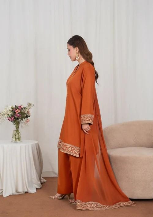 Tilla Embroidered Lawn Kurta Farshi Shalwar Suit - Rust Orange - Chiffon Dupatta