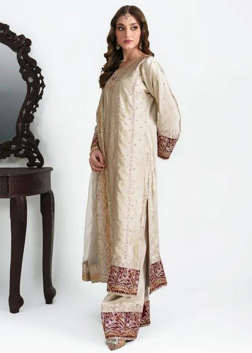 3 Piece Embroidered Charmeuse Silk Sharara Suit - Beige