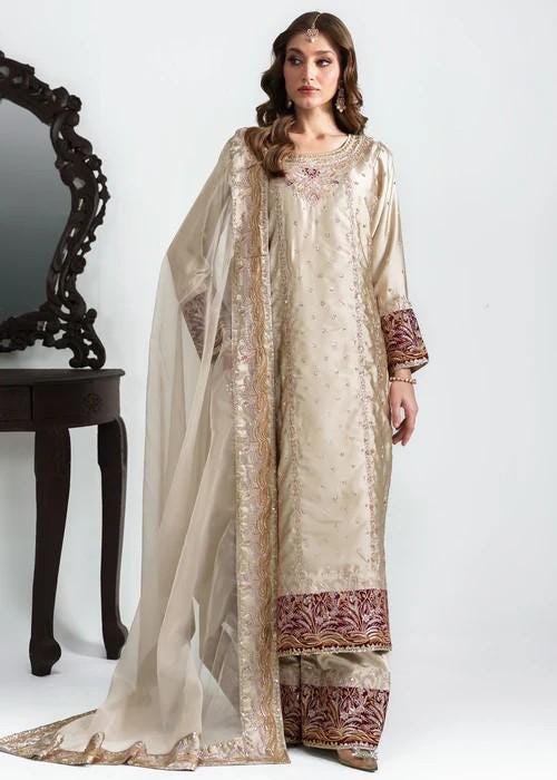 3 Piece Embroidered Charmeuse Silk Sharara Suit - Beige