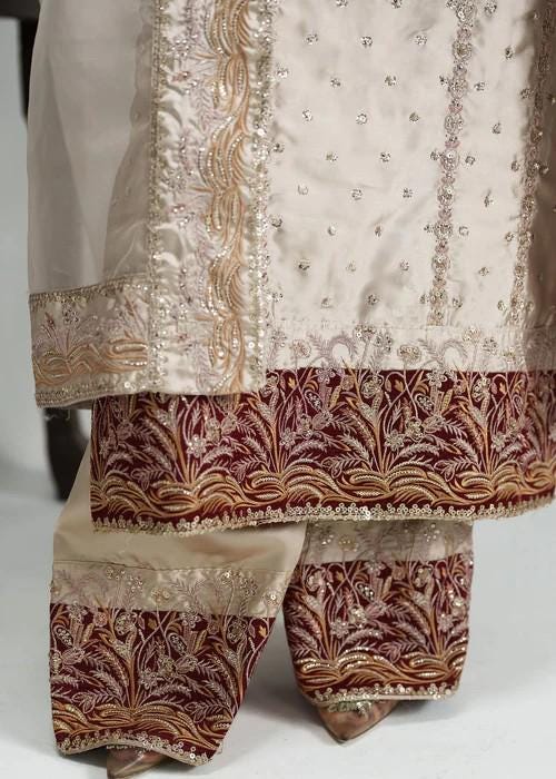 3 Piece Embroidered Charmeuse Silk Sharara Suit - Beige