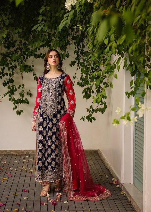 4 Piece Embroidered Chiffon Suit - Raw Silk Pants with Potli bag
