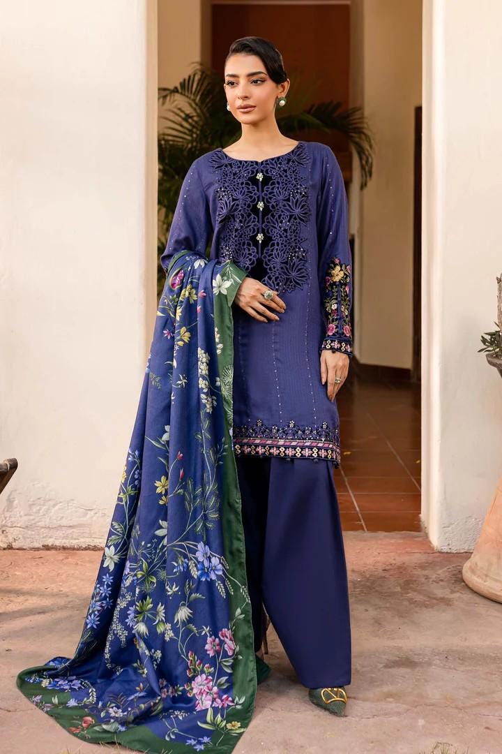 Maria.B - Farshi Shalwar Suit - 3 Piece Embroidered Linen Suit  (Medium, Large) - Blue