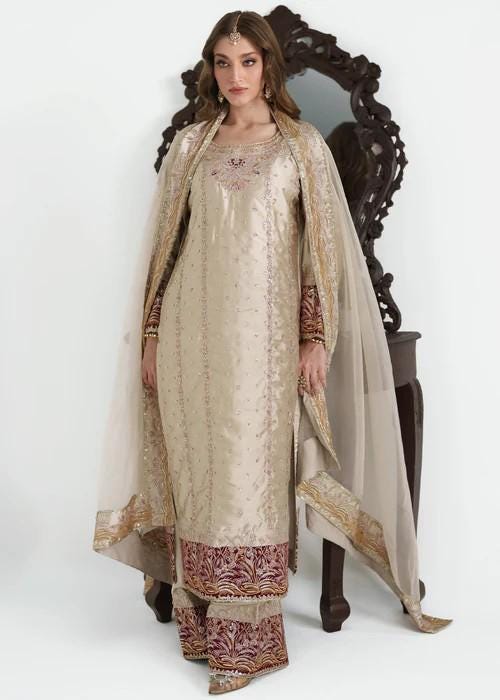 3 Piece Embroidered Charmeuse Silk Sharara Suit - Beige