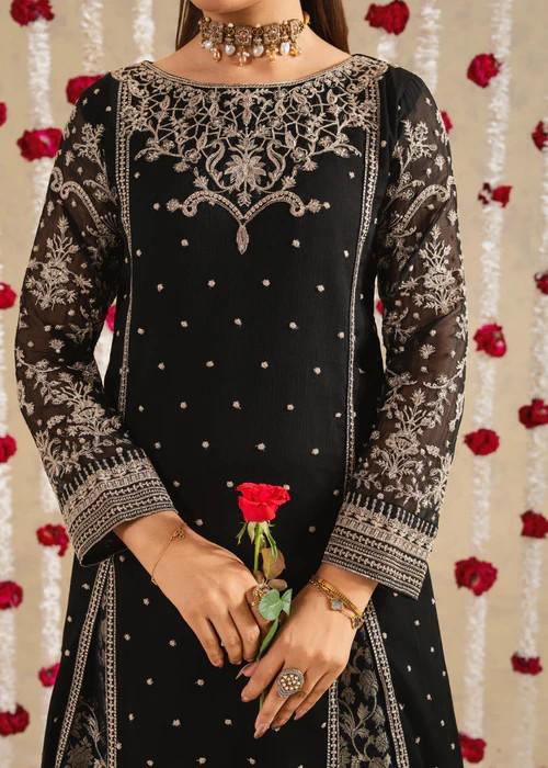 3 Piece Embroidered Chiffon Pishwas in Black