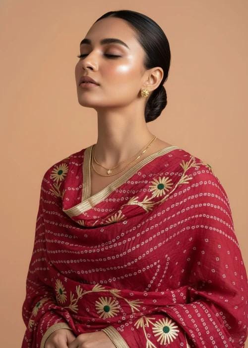 Embroidered Traditional Tie-Dye Bandini Chiffon Dupatta - Crimson Gold