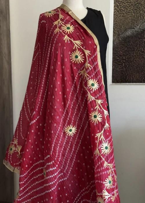 Embroidered Traditional Tie-Dye Bandini Chiffon Dupatta - Crimson Gold