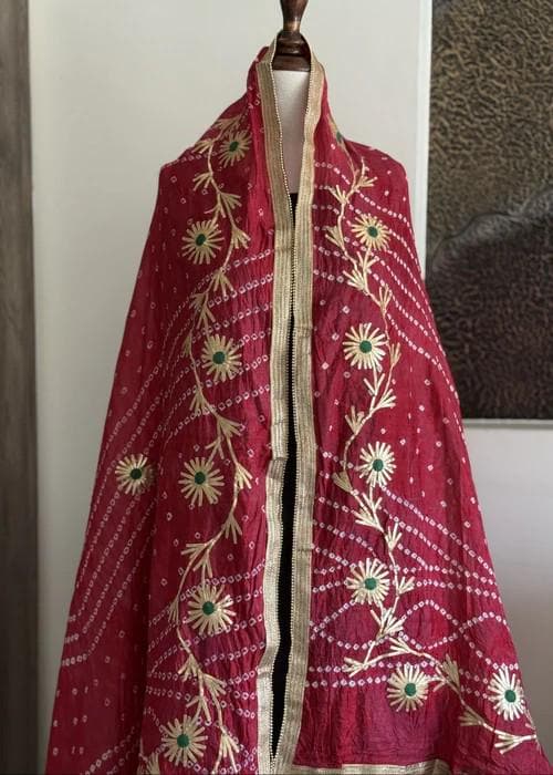 Embroidered Traditional Tie-Dye Bandini Chiffon Dupatta - Crimson Gold