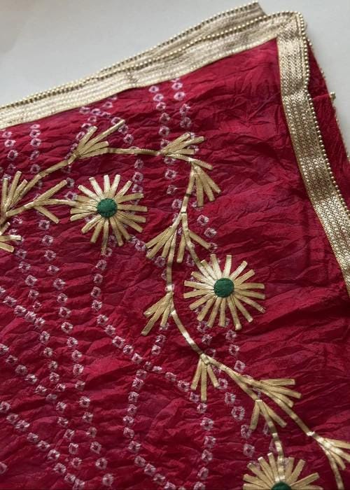 Embroidered Traditional Tie-Dye Bandini Chiffon Dupatta - Crimson Gold