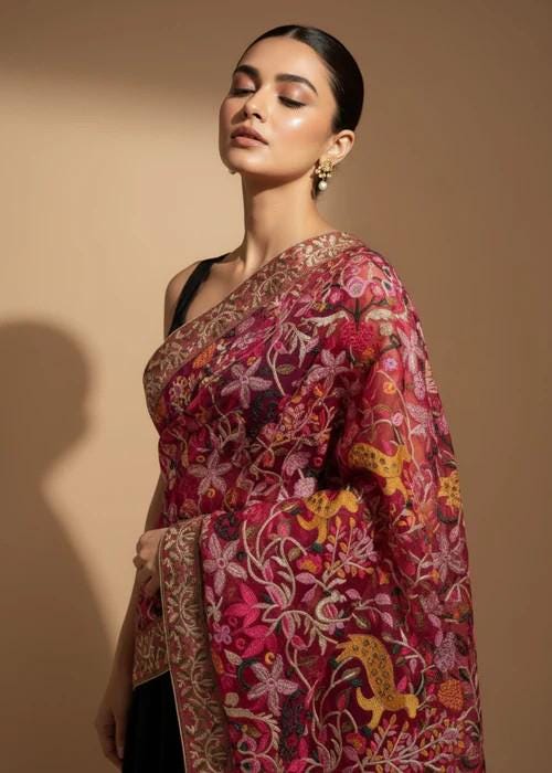 Heavily Embroidered Organza Tissue Silk Dupatta - Pink Floral Deer