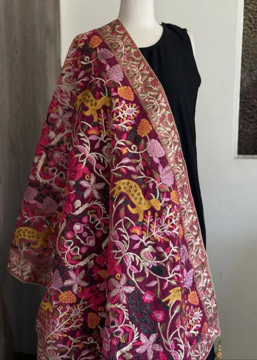 Heavily Embroidered Organza Tissue Silk Dupatta - Pink Floral Deer