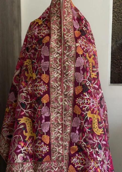 Heavily Embroidered Organza Tissue Silk Dupatta - Pink Floral Deer