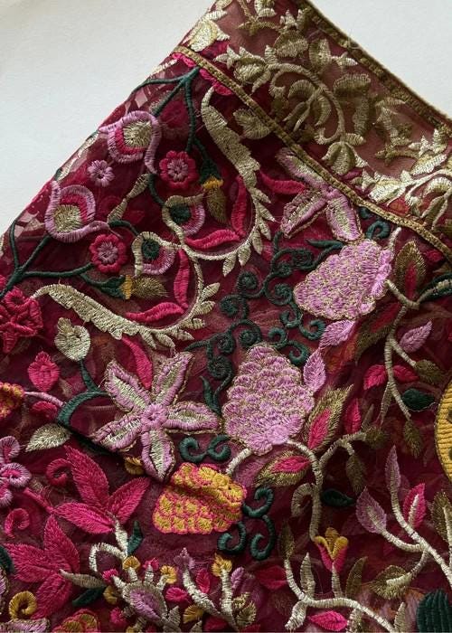 Heavily Embroidered Organza Tissue Silk Dupatta - Maroon Vine