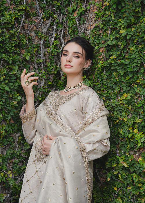 Embroidered Charmeuse Silk Farshi Shalwar Suit - Ivory - Gold