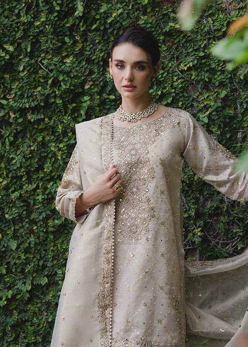 Embroidered Charmeuse Silk Farshi Shalwar Suit - Ivory - Gold