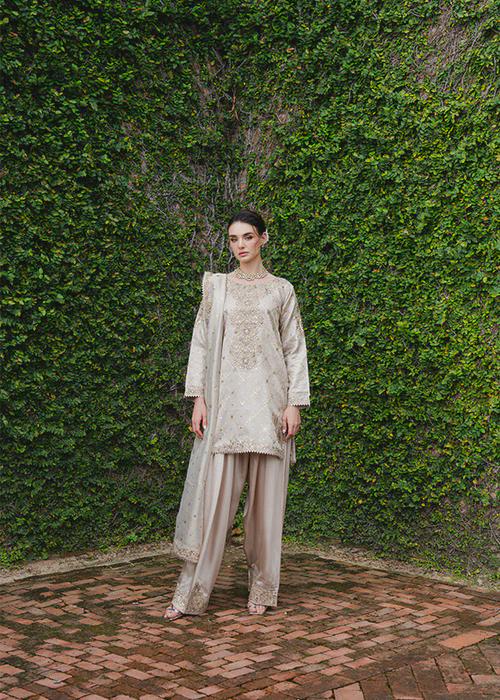 Embroidered Charmeuse Silk Farshi Shalwar Suit - Ivory - Gold